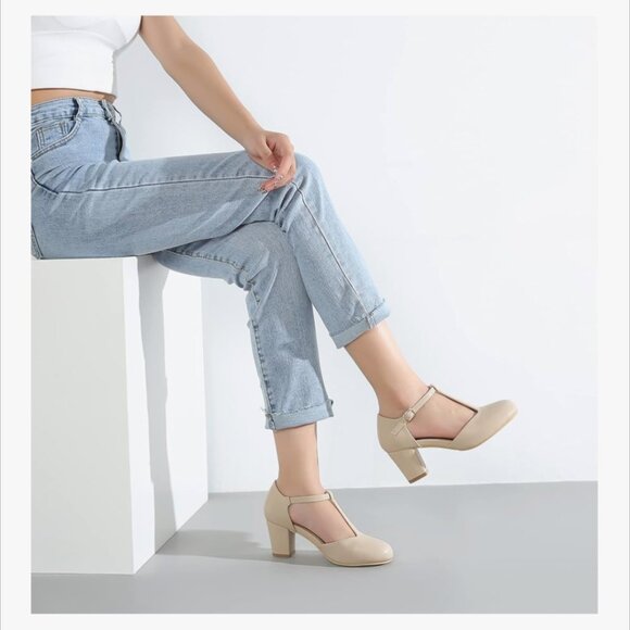 NEW Peijely Womens T Strap Chunky Block Heel Strap Dress Pumps Nude Matte 10 - Picture 2 of 11